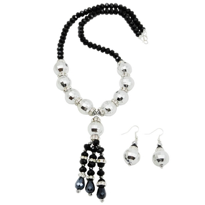 Silver Large Beads with Black Crystal Beads Necklace