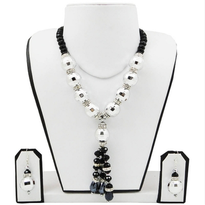 Silver Large Beads with Black Crystal Beads Necklace