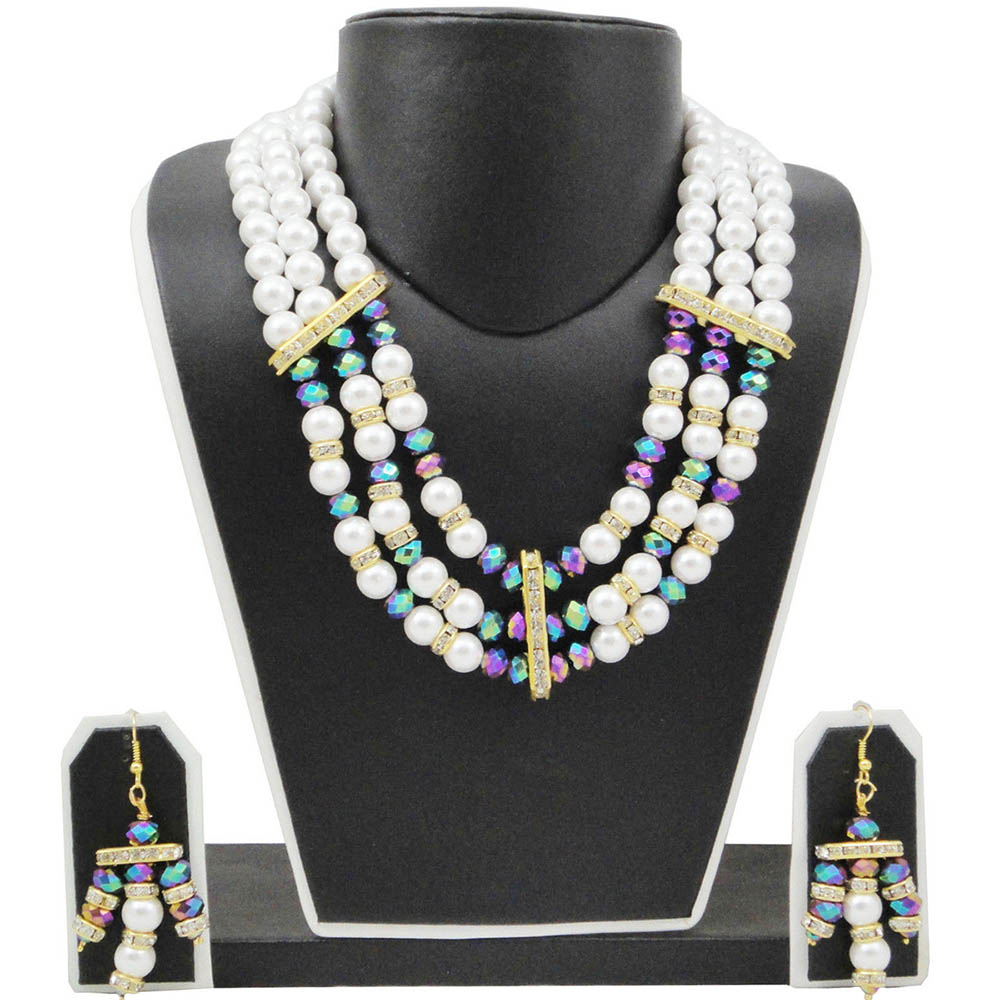 White Pearl Necklace with Multicolored Crystal Beads