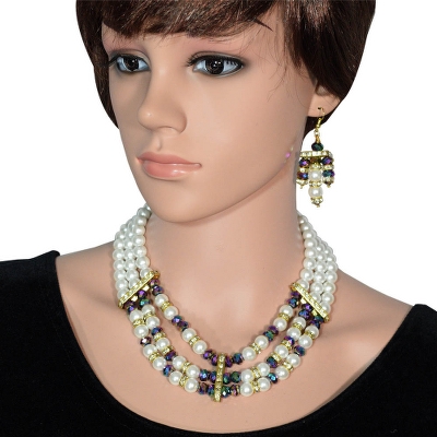 White Pearl Necklace with Multicolored Crystal Beads