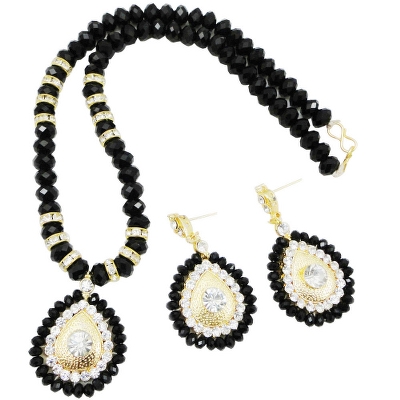 Black Crystal Beads with Diamond Stone Pendant