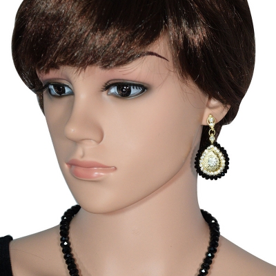 Black Crystal Beads with Diamond Stone Pendant