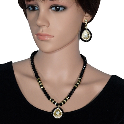 Black Crystal Beads with Diamond Stone Pendant