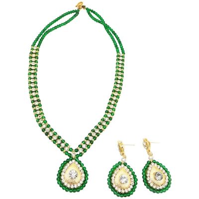 Green Beads Necklace with Diamond Stone Pendant