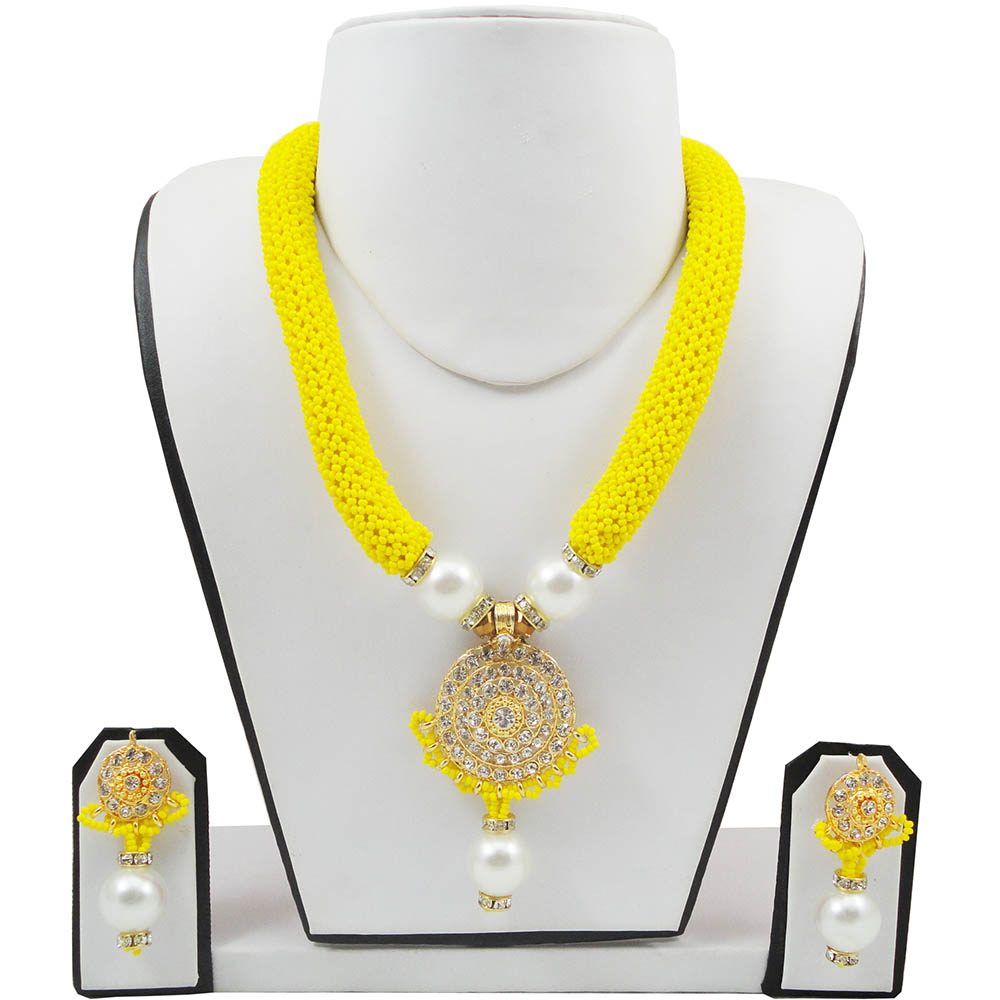 Yellow Jeko Moti Necklace with Diamond Stone Pendant