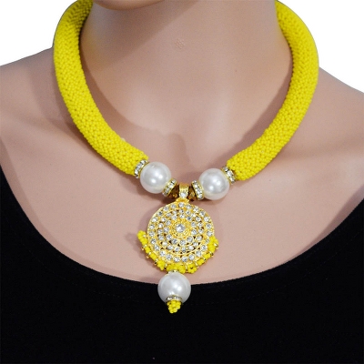 Yellow Jeko Moti Necklace with Diamond Stone Pendant