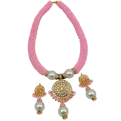 Pink Jeko Moti Necklace with Diamond Stone Pendant