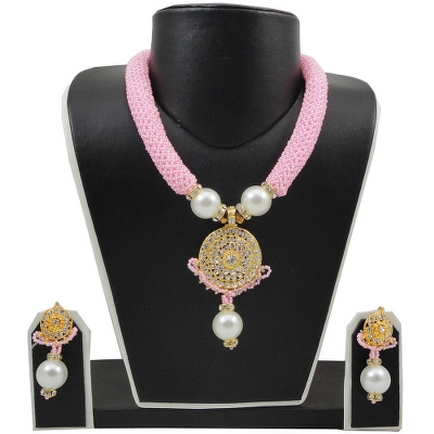 Pink Jeko Moti Necklace with Diamond Stone Pendant