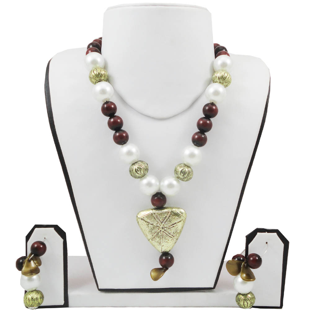 Antique Beads Necklace with White Pearls