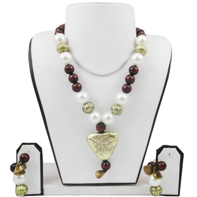 Antique Beads Necklace with White Pearls