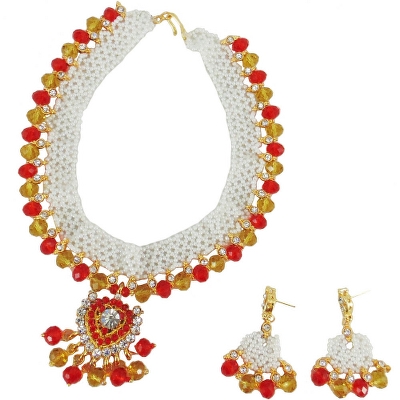White Jeko Moti & Red, Yellow Crystal Beads Necklace