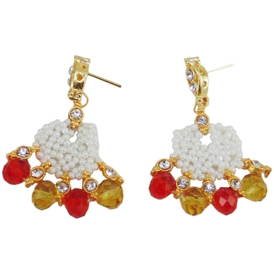 White Jeko Moti & Red, Yellow Crystal Beads Necklace