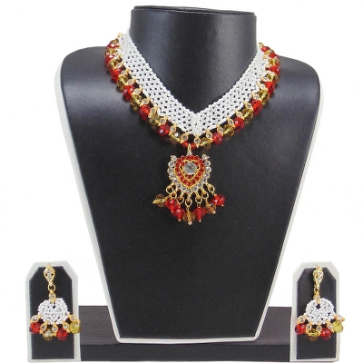 White Jeko Moti & Red, Yellow Crystal Beads Necklace