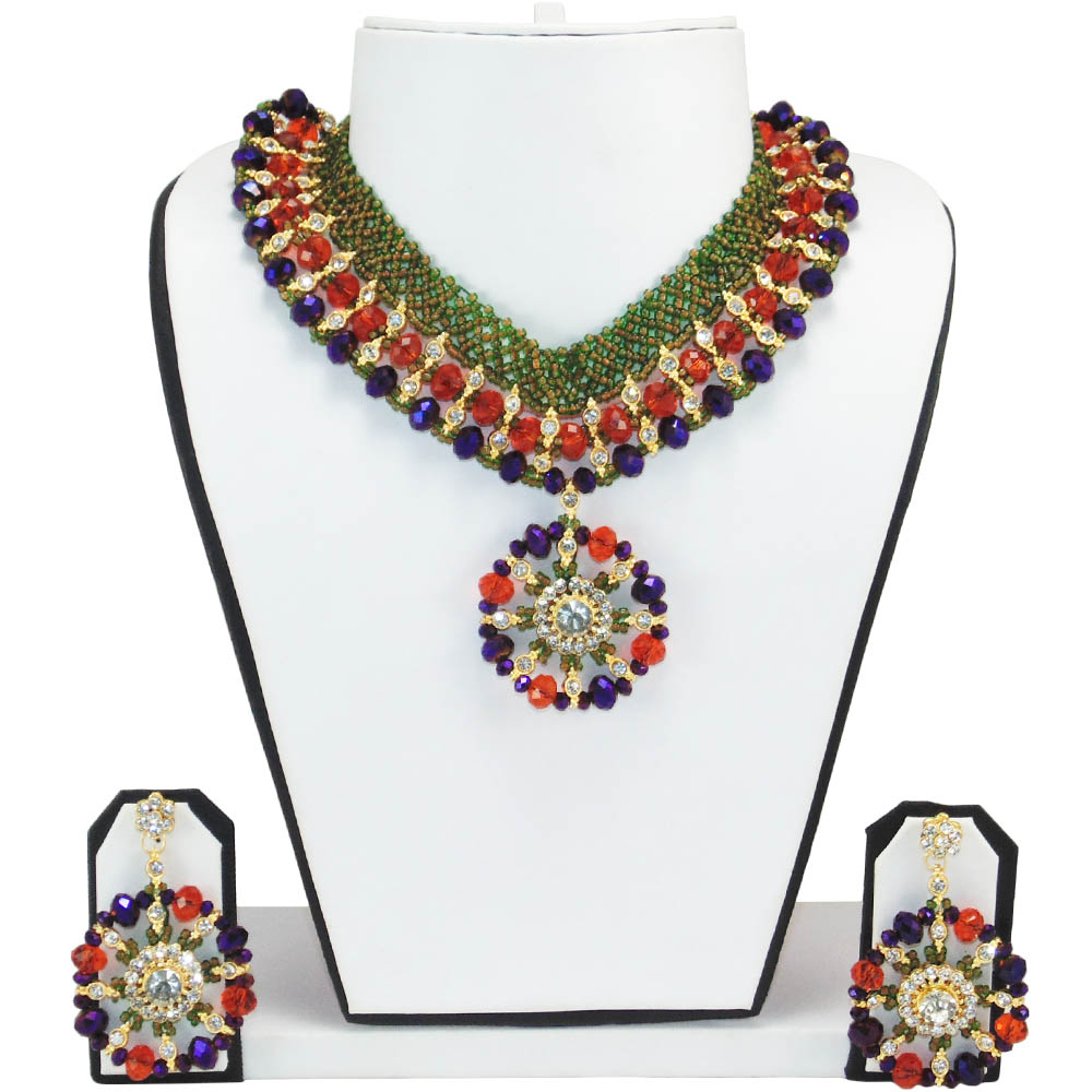 Mehndi Green Jeko Moti &amp; Red, Blue Crystal Beads Necklace