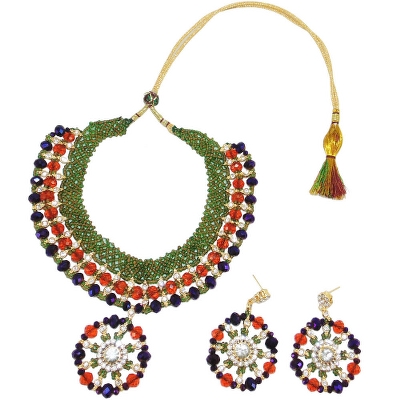 Mehndi Green Jeko Moti &amp; Red, Blue Crystal Beads Necklace