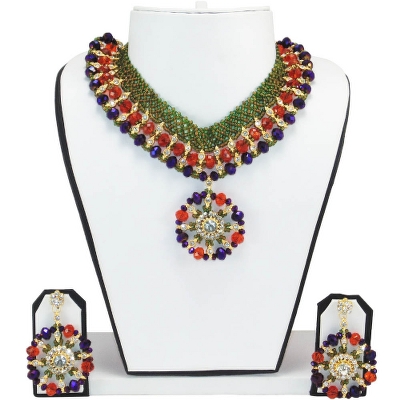 Mehndi Green Jeko Moti &amp; Red, Blue Crystal Beads Necklace