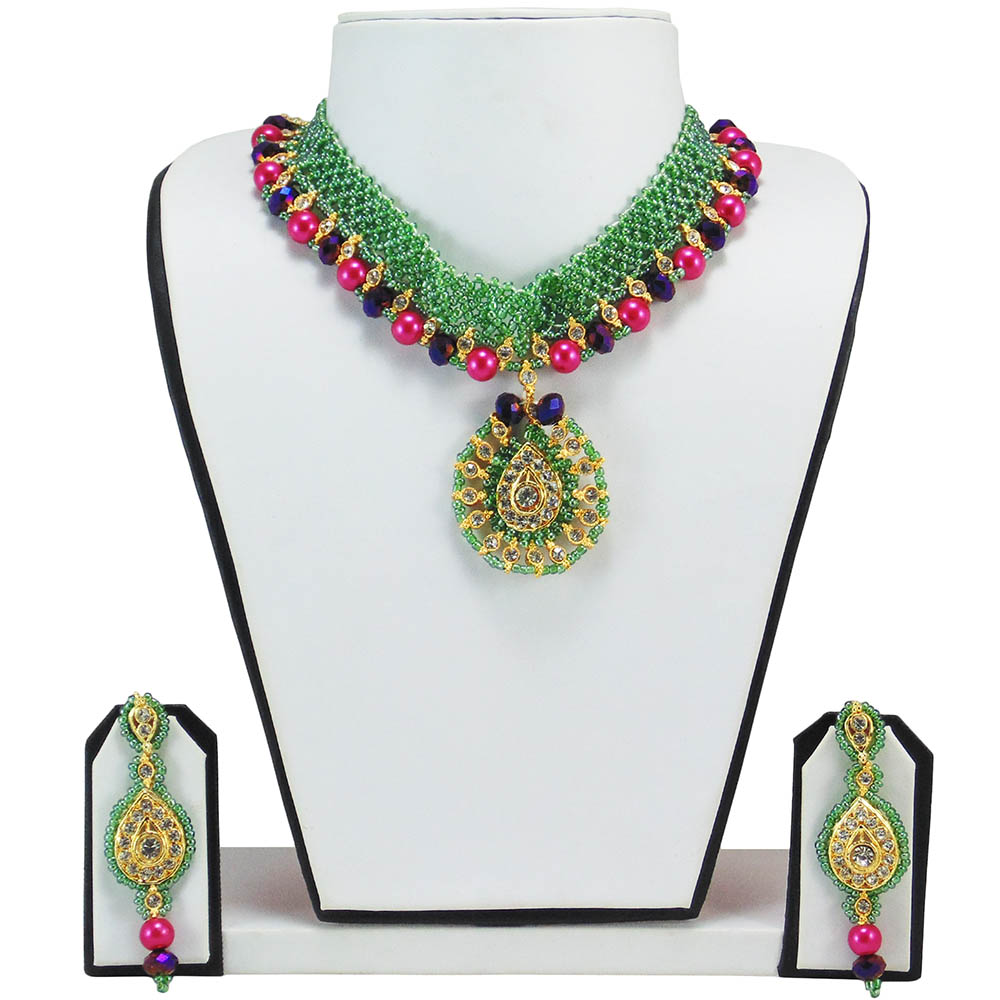 Green Jeko Moti &amp; Pink Pearl Necklace