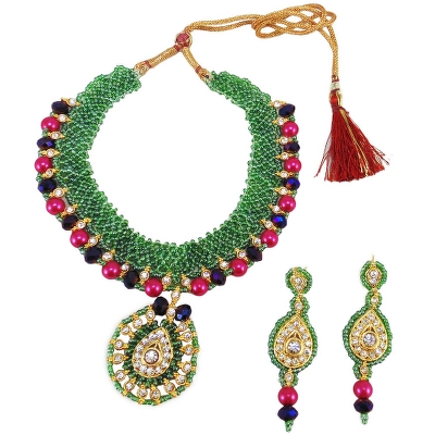 Green Jeko Moti &amp; Pink Pearl Necklace