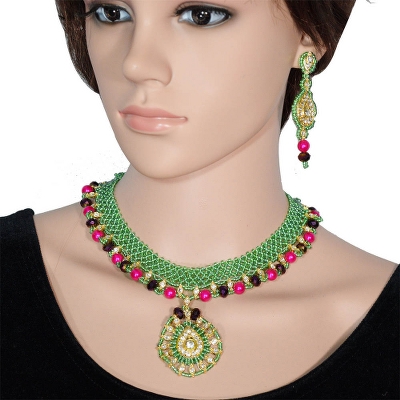 Green Jeko Moti &amp; Pink Pearl Necklace