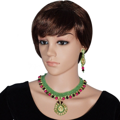 Green Jeko Moti &amp; Pink Pearl Necklace