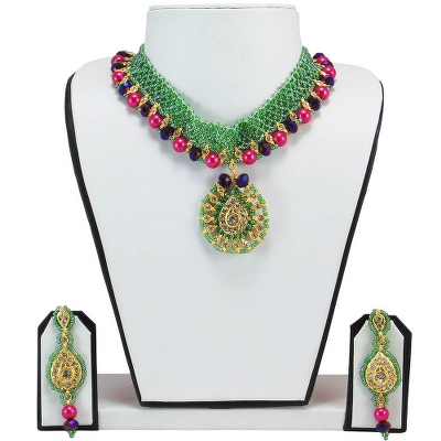 Green Jeko Moti &amp; Pink Pearl Necklace