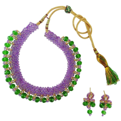 Purple Jeko Moti &amp; Green Crystal Necklace