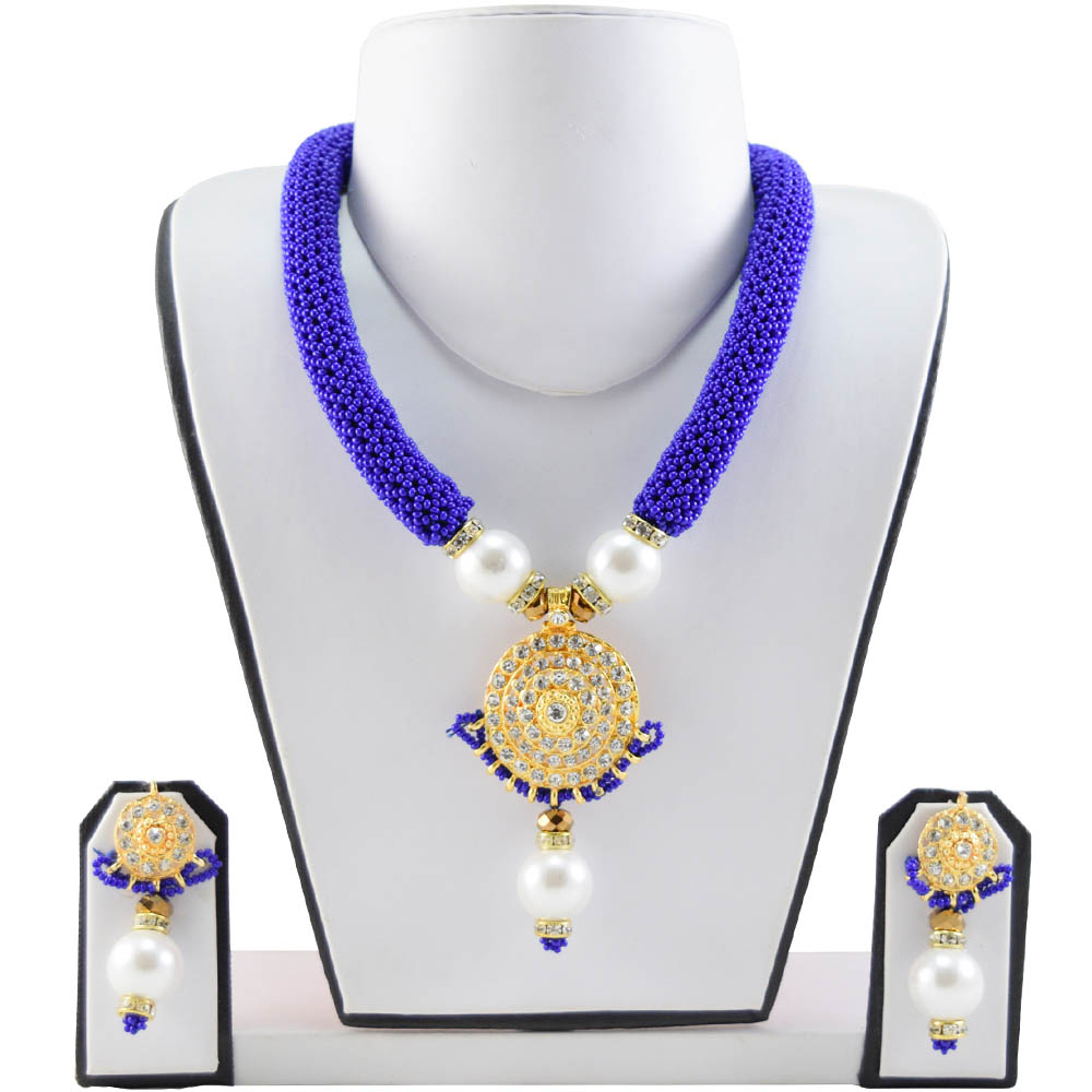 Blue Jeko Moti with Diamond Pendant Handmade Necklace