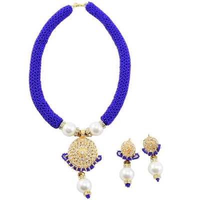 Blue Jeko Moti with Diamond Pendant Handmade Necklace