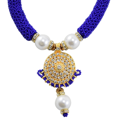 Blue Jeko Moti with Diamond Pendant Handmade Necklace