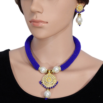 Blue Jeko Moti with Diamond Pendant Handmade Necklace