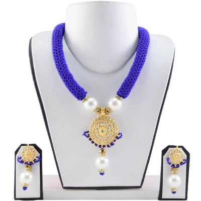 Blue Jeko Moti with Diamond Pendant Handmade Necklace