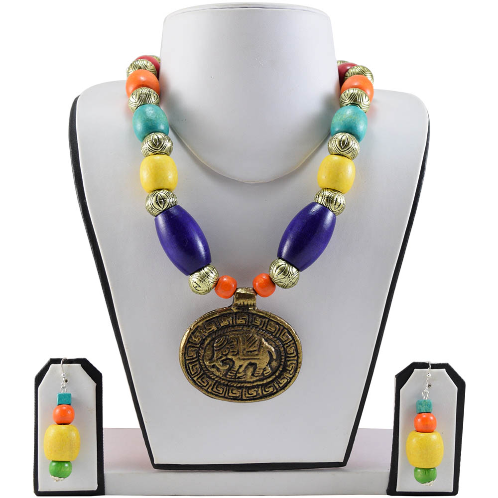 Multi Color Wooden Beads Antique Pendant Designer Necklace