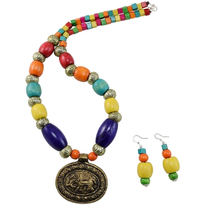 Multi Color Wooden Beads Antique Pendant Designer Necklace