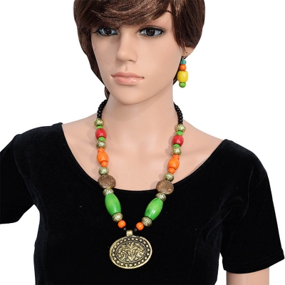 Multi Color Wooden Beads Antique Pendant Designer Necklace