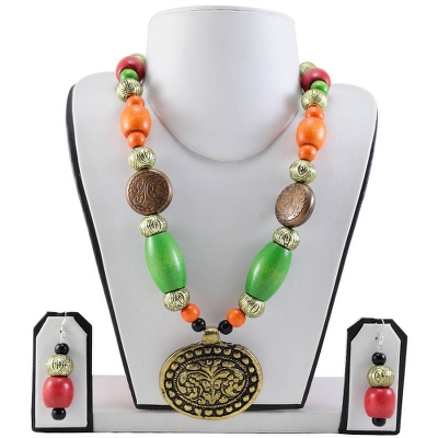 Multi Color Wooden Beads Antique Pendant Designer Necklace
