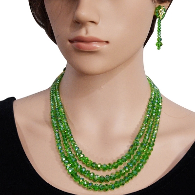 Green Crystal Beads 3 Row Necklace
