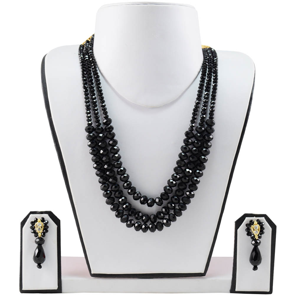 Black Crystal Beads 3 Row Necklace