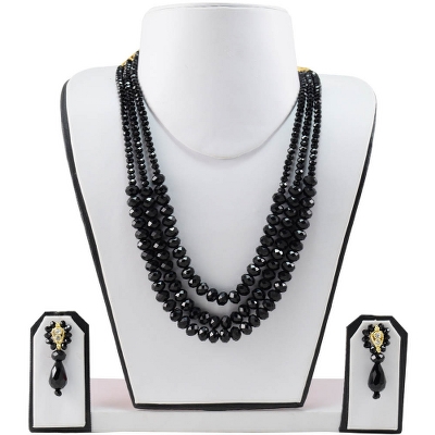 Black Crystal Beads 3 Row Necklace