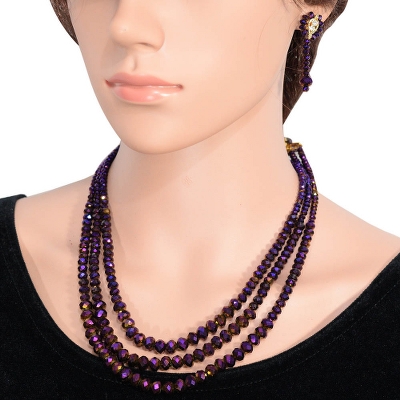 Purple Crystal Beads 3 Row Necklace