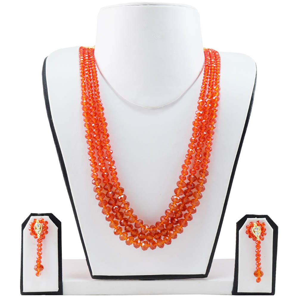 Orange Crystal Beads 3 Row Necklace