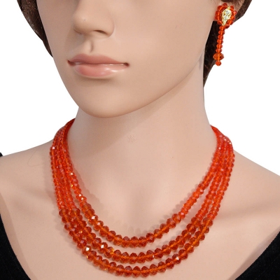 Orange Crystal Beads 3 Row Necklace
