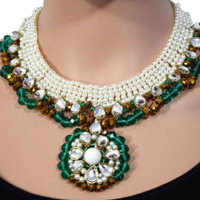 Turquoise & Copper Crystal Beads Pearl Necklace