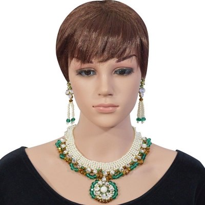 Turquoise & Copper Crystal Beads Pearl Necklace