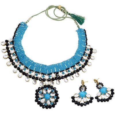 Sky Blue & Black Crystal Beads Designer Necklace
