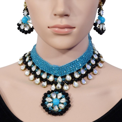 Sky Blue & Black Crystal Beads Designer Necklace