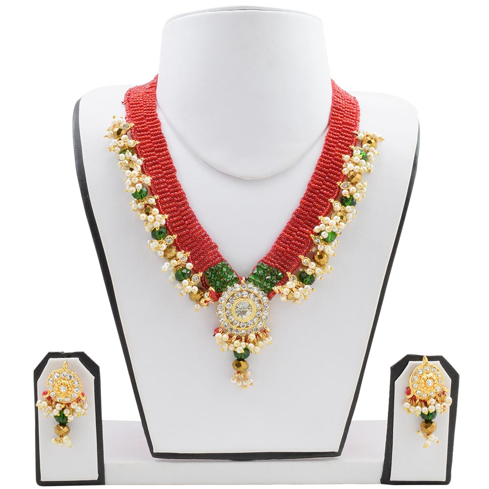 Red Jeko Moti Golden Pendant Traditional Necklace