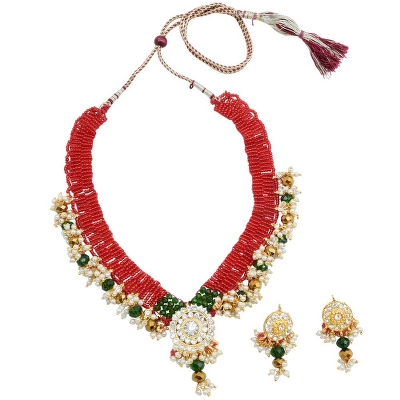 Red Jeko Moti Golden Pendant Traditional Necklace