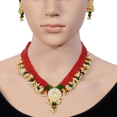 Red Jeko Moti Golden Pendant Traditional Necklace