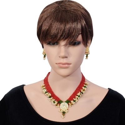 Red Jeko Moti Golden Pendant Traditional Necklace