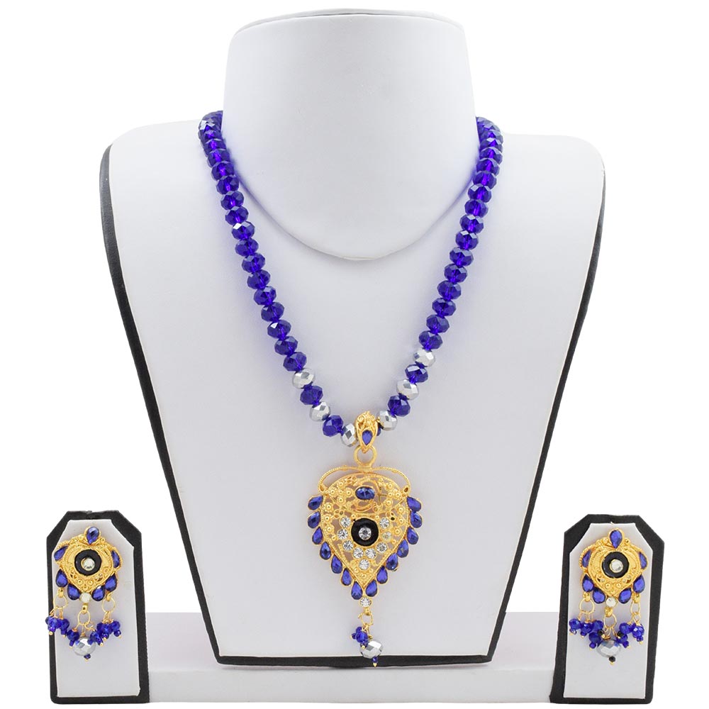 Blue Crystal Beads Golden Pendant Necklace